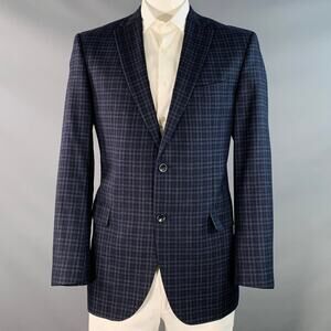 PIATTELLI Size 44 Navy Black Checkered Wool Single Breasted Sport Coat